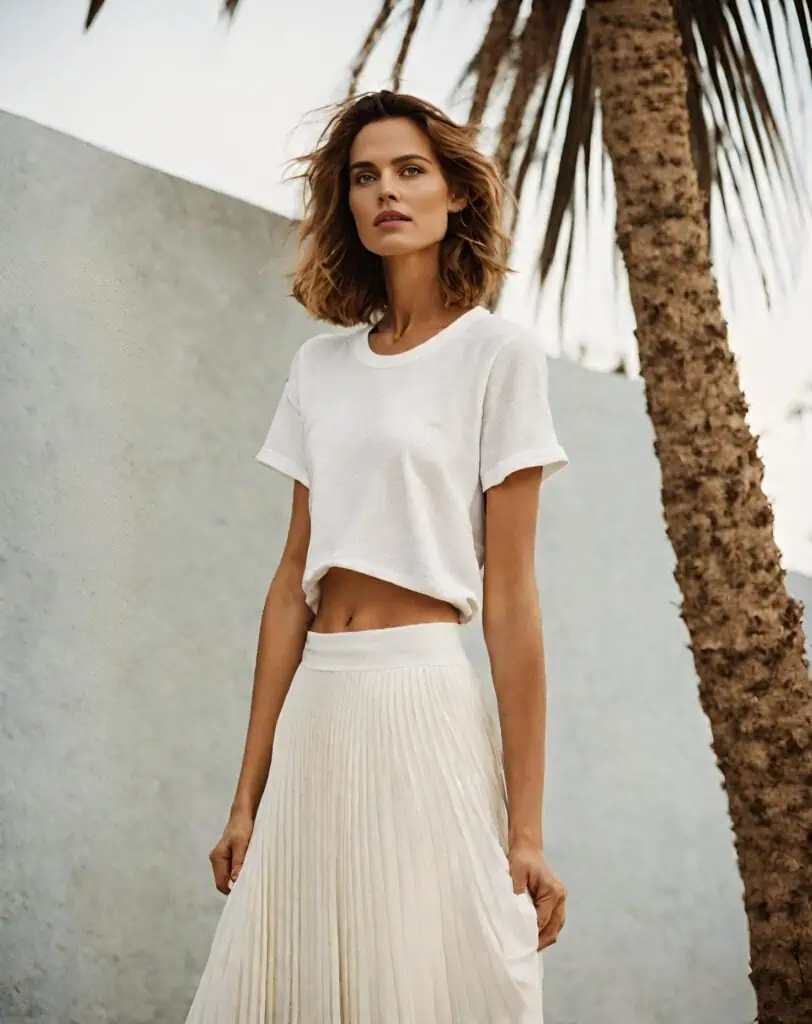 pleated skirt with white tshirt