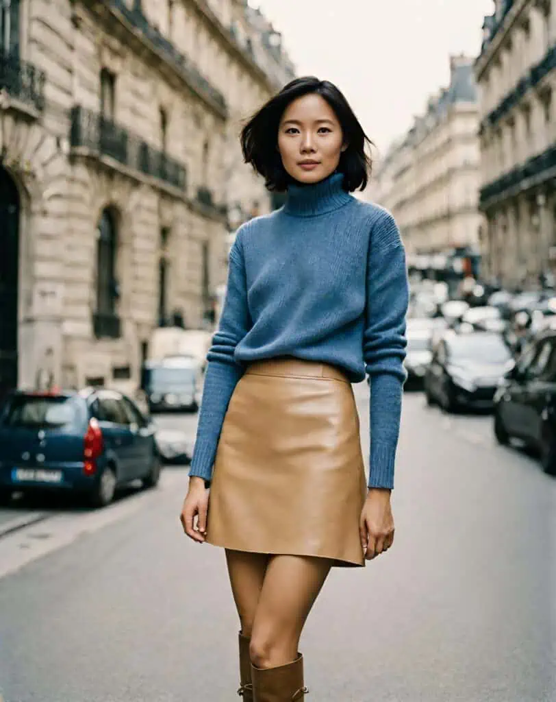 turtle neck with leather skirt