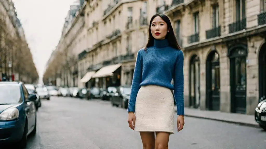 turtle neck outfit with tweed skirt