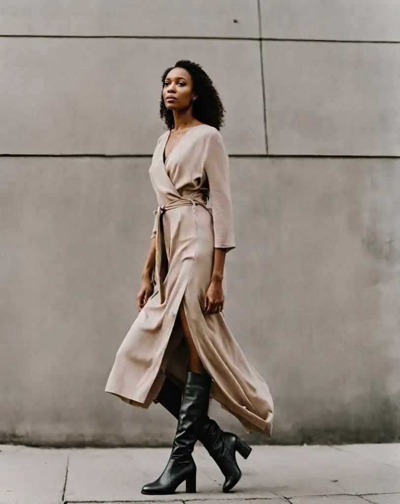 wrap midi dress and knee-high boots 