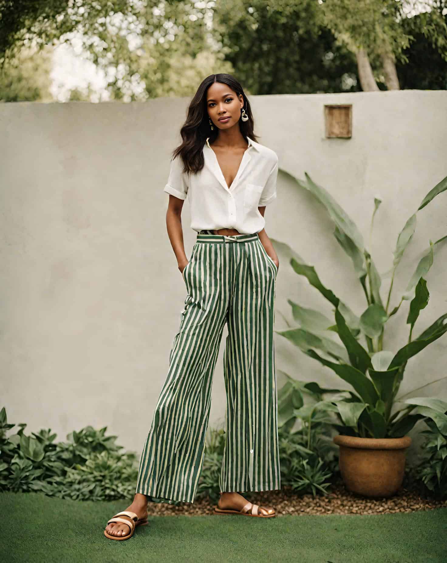 Palazzo outfit green striped pants with button down