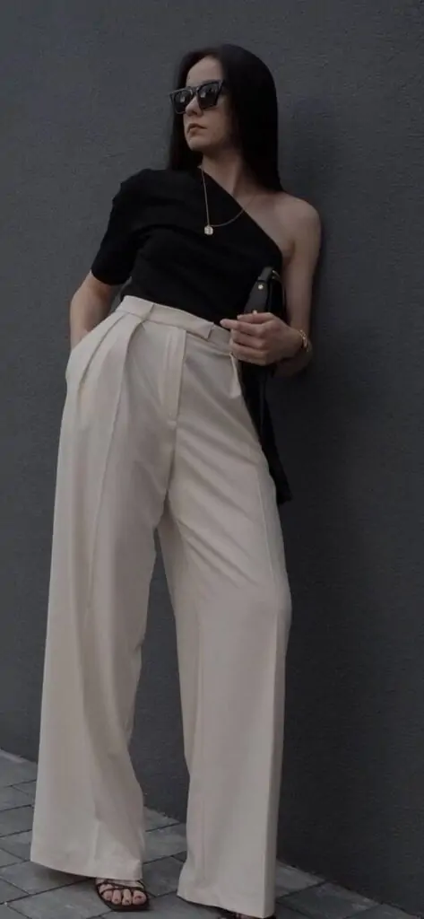 Ivory cotton slub high waist doublebutton formal pant  TJORI