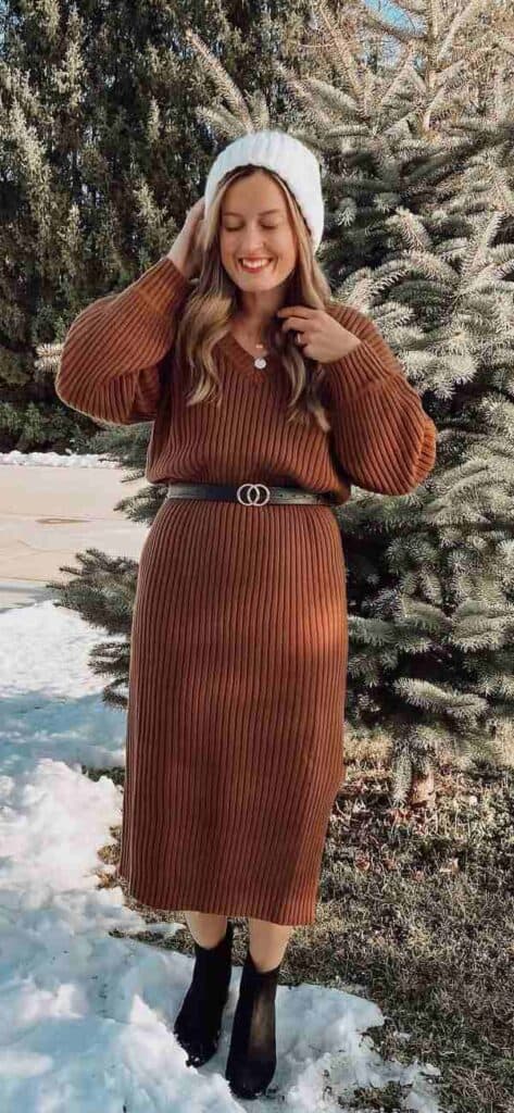 knee length sweater dress with boots