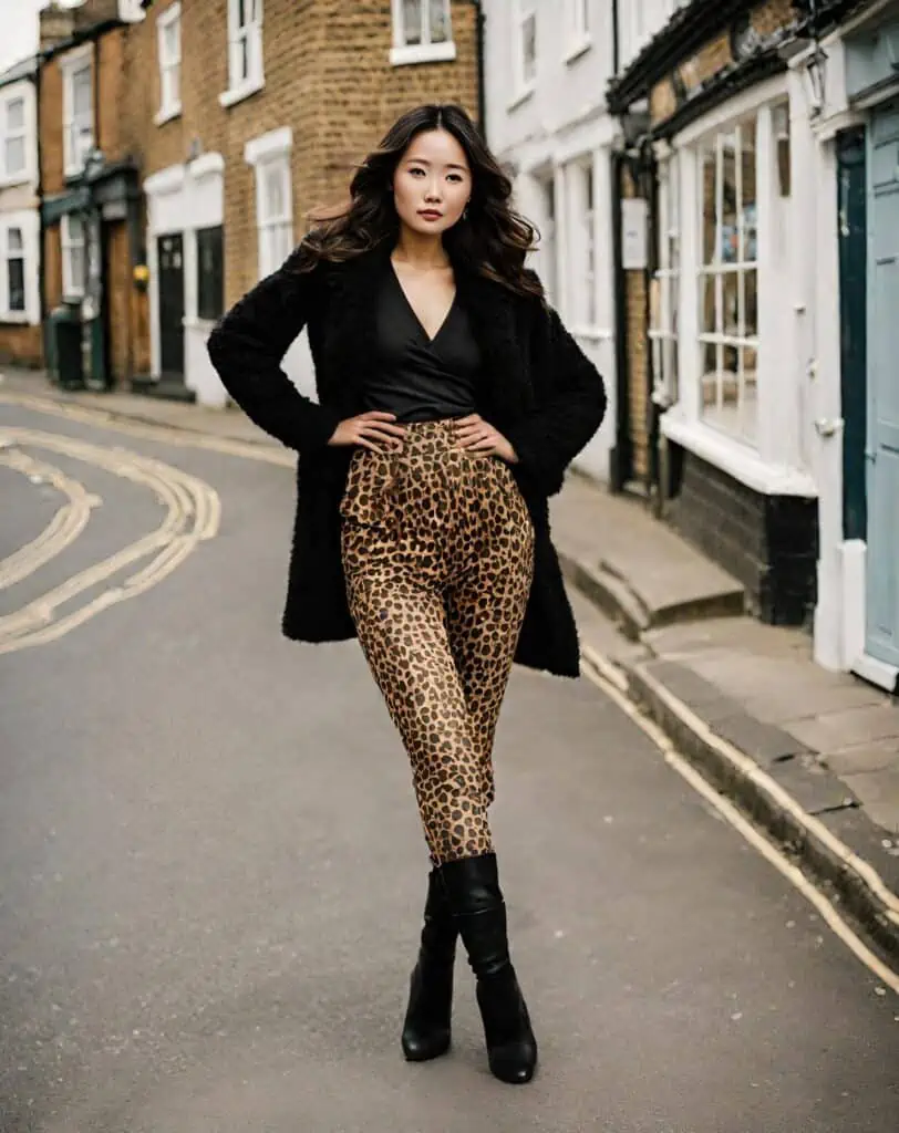 Leopard pants with a black wrapped top, layered with black cardigan