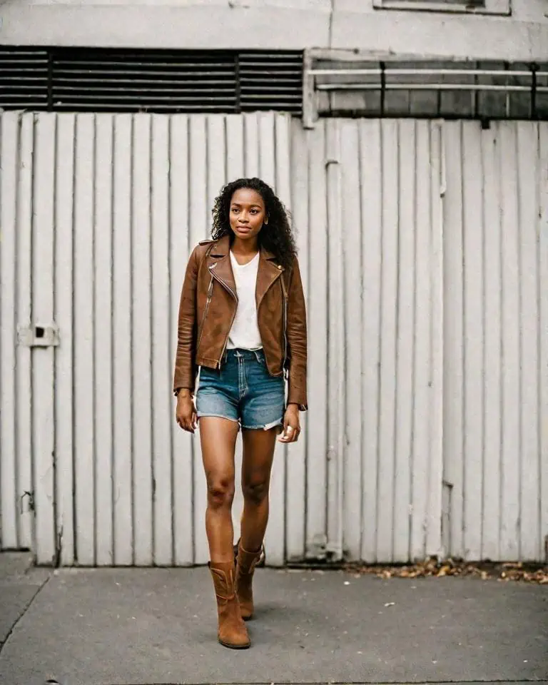Suede Boots-Denim shorts, tucked-in band tee, and a leather jacket.