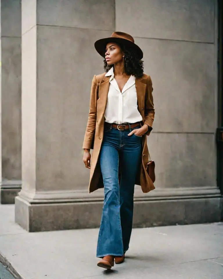 Suede boots-Flared jeans, tucked-in button-up shirt, and a fedora