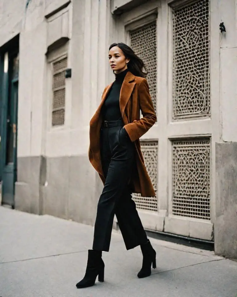 Suede boots-High-waisted trousers, bodysuit, and a longline coat