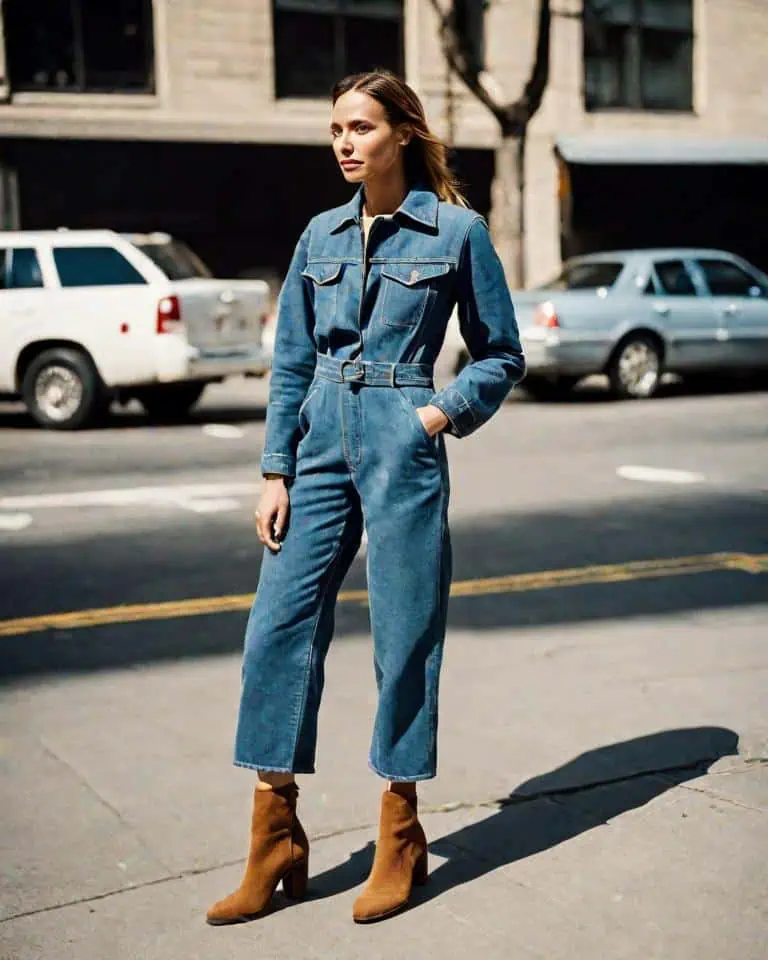 Suede boots-Jumpsuit and a denim jacket.