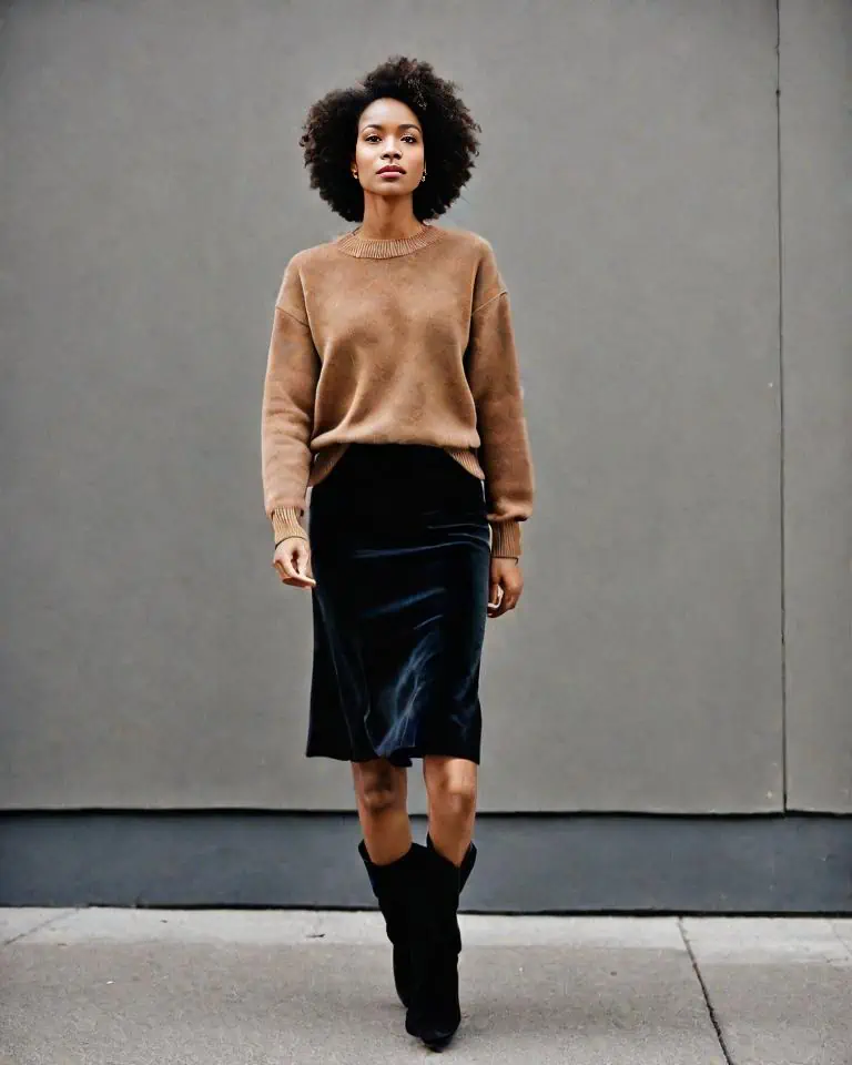 Suede boots-Velvet skirt, silk blouse, and a cropped sweater