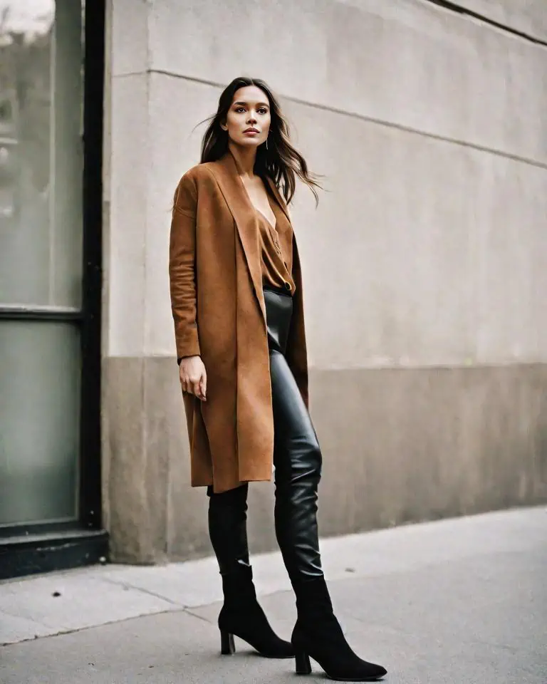 Suede boots-oversized blouse tucked in to Leather leggings, and a long cardigan