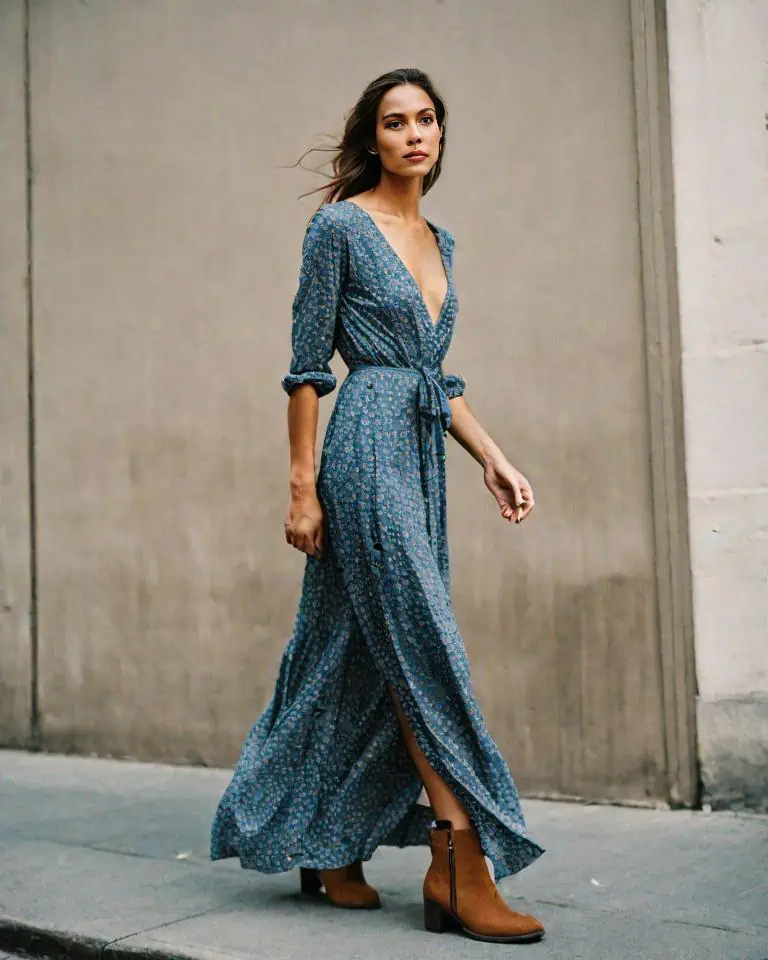Suede boots with maxi dress