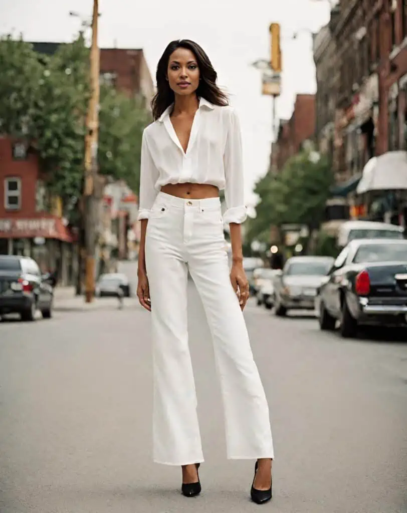 WHITE BUTTON shirt with wide-leg jeans
