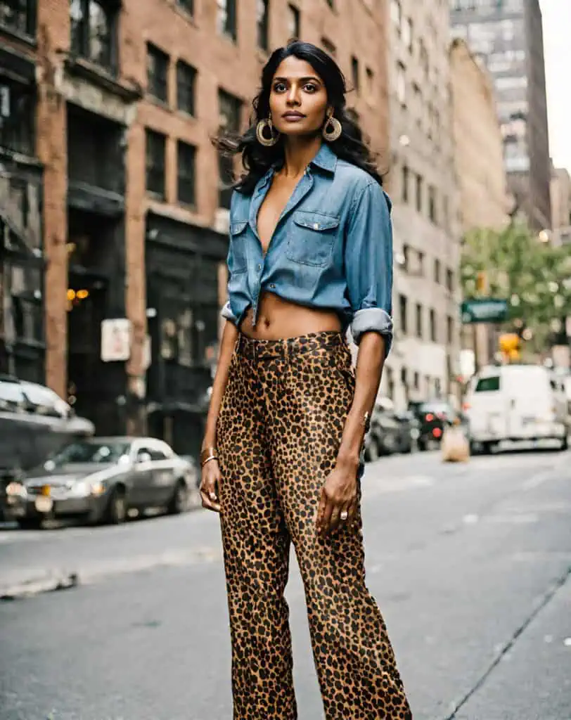 Leopard pants With a denim shirt