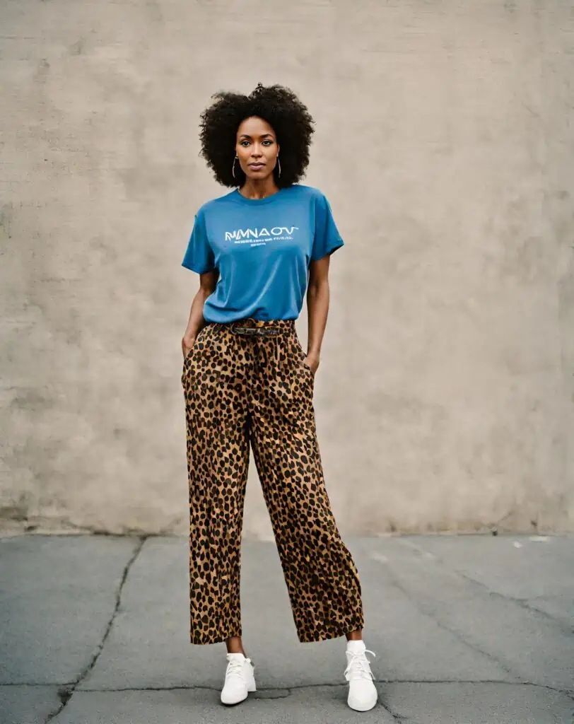 Leopard pants With a blue graphic tee