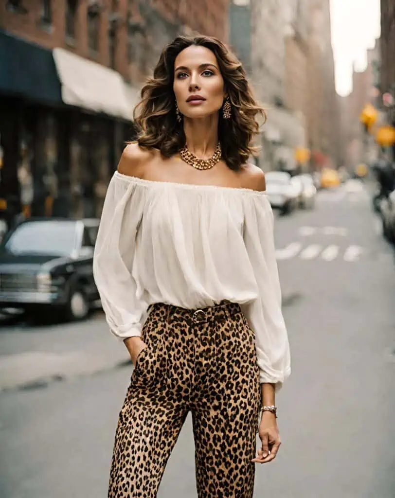 Leopard pants with a white  off-shoulder blouse 