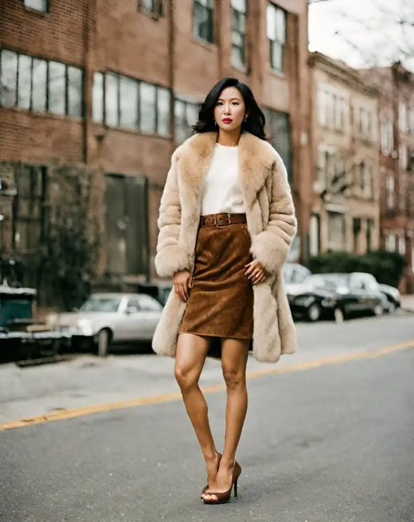 Corduroy skirt With a faux fur coat