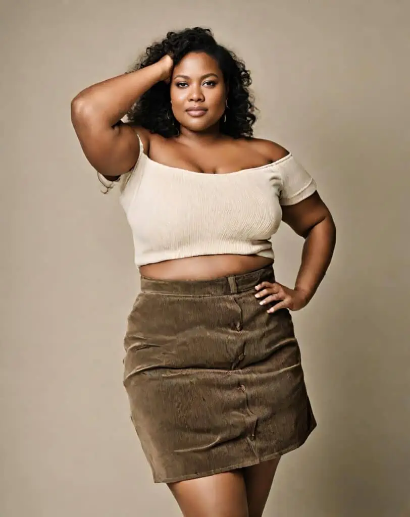 corduroy skirt and off-shoulder blouse