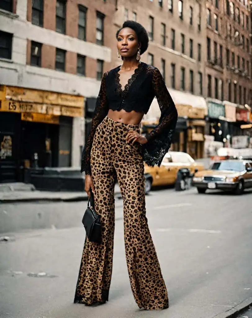 leopard pants and a black  lace  blouse in a street on New York