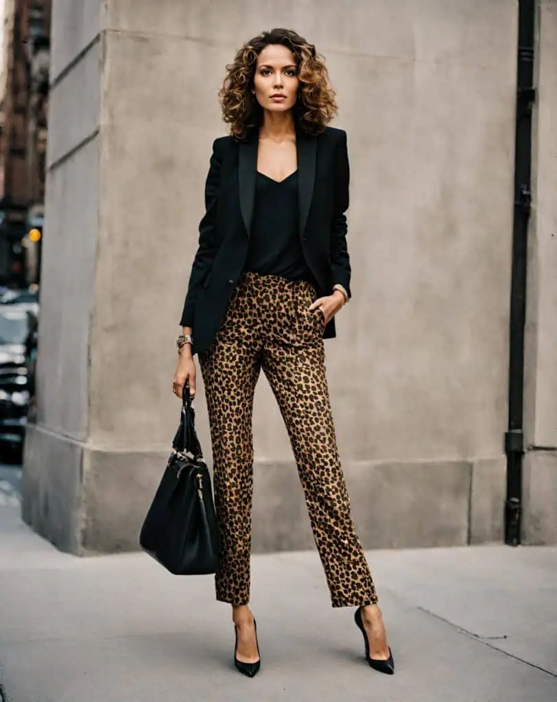 leopard pants with a pink blazer and ankle boots