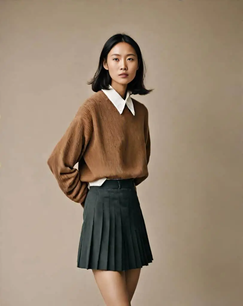 pleated corduroy skirt with a crisp button-down shirt, a knit sweater layered over the shirt, knee-high socks, and loafers