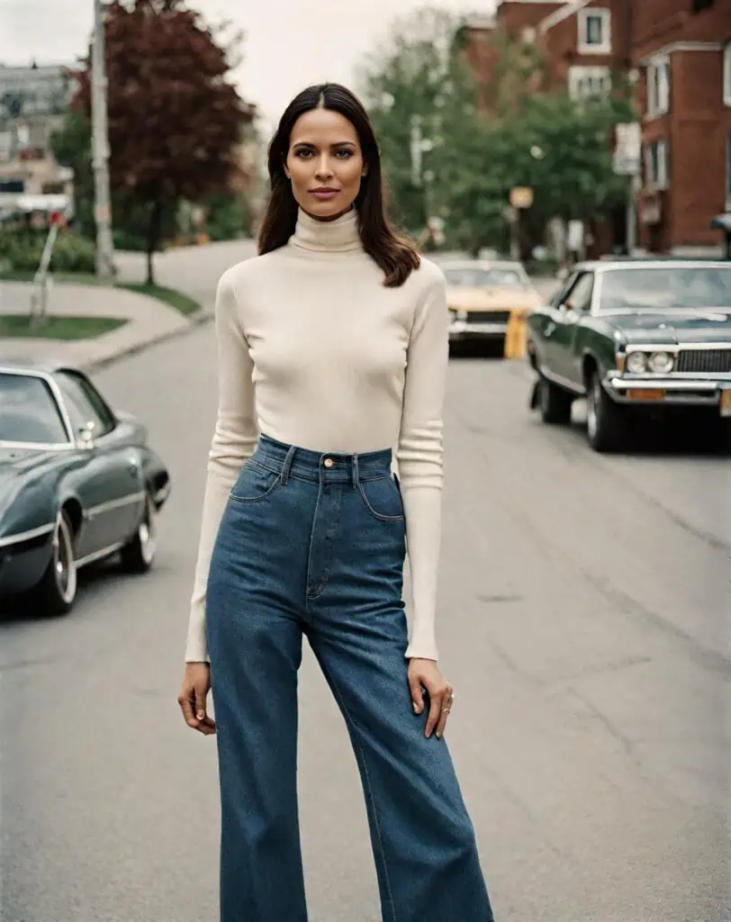 turtle neck with wide leg jeans