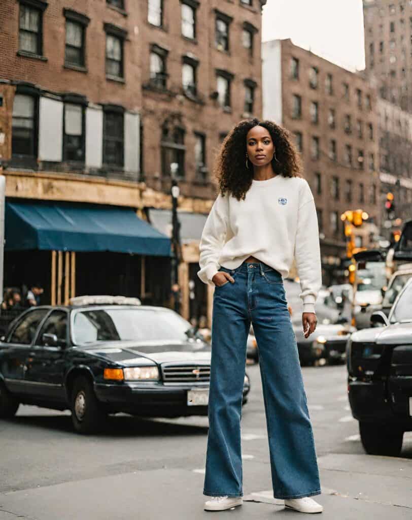 wide leg jeans outfit with sweatshirt