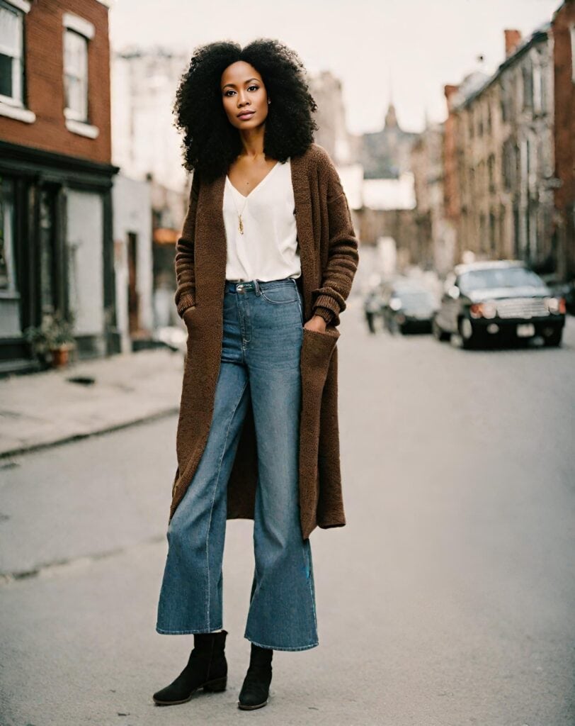 wide-leg jeans with cardigan