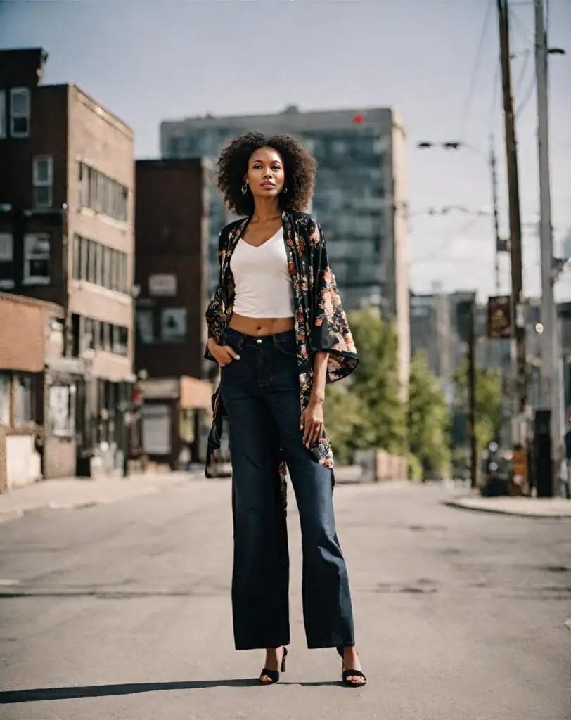 wide-leg jeans with kimono