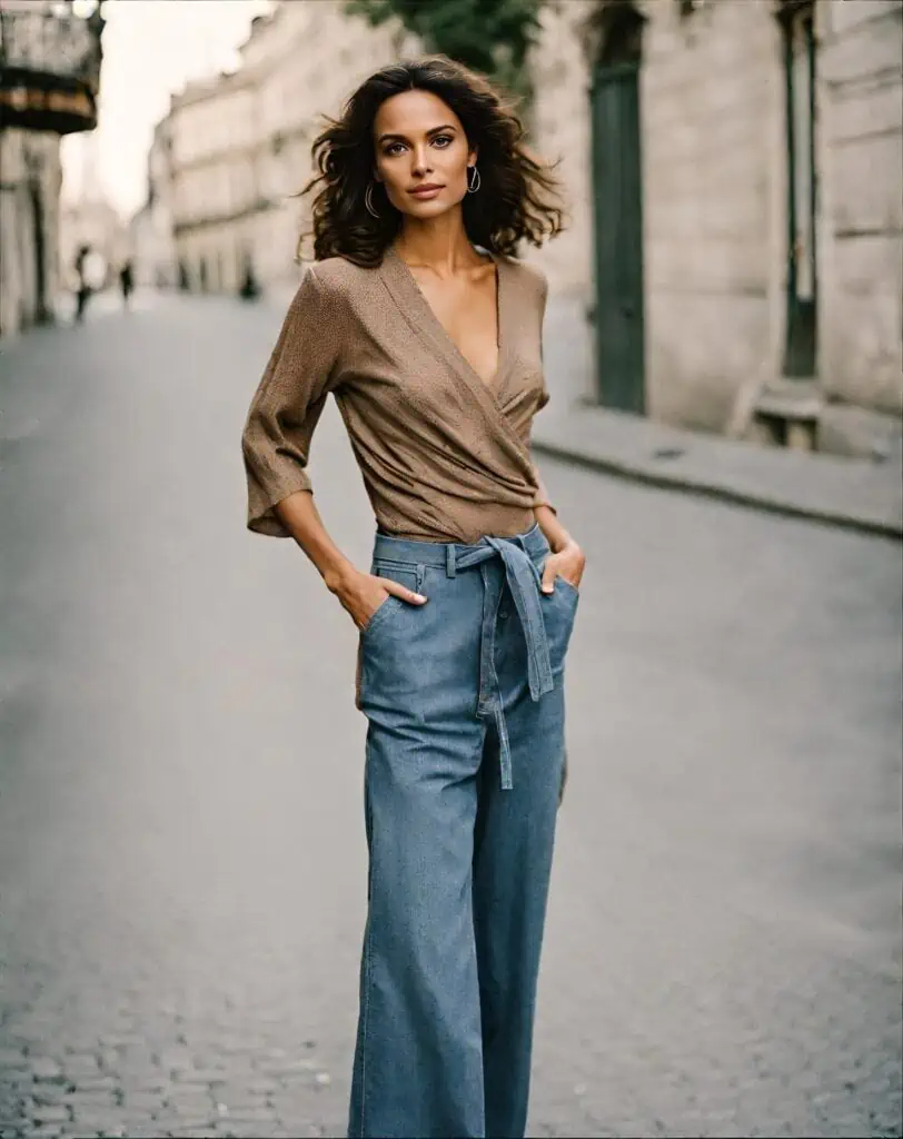 wide leg jeans with wrap top