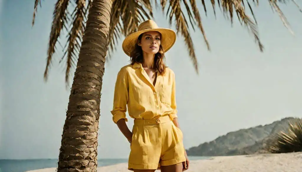 Beach outfit matching yellow linen shorts and button up