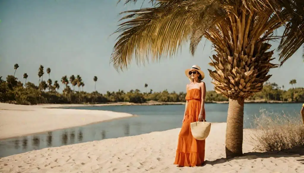 Beach outfit orange strapless smocked gauze maxi dress