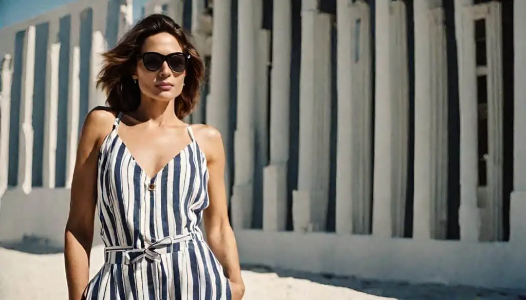 Beach outfit white and blue striped linen jumpsuit