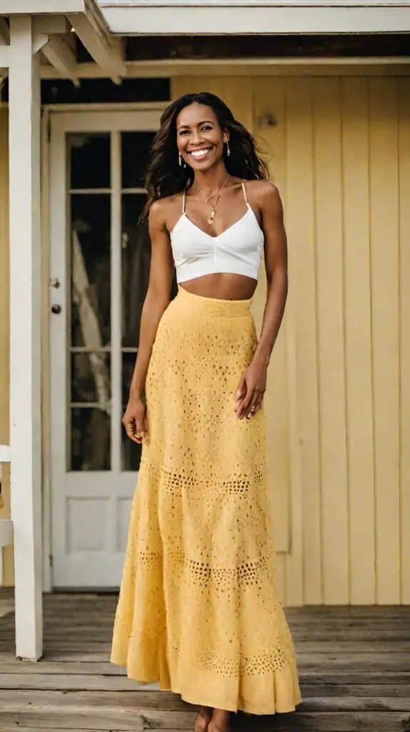 Beach outfit yellow eyelet skirt and white cami