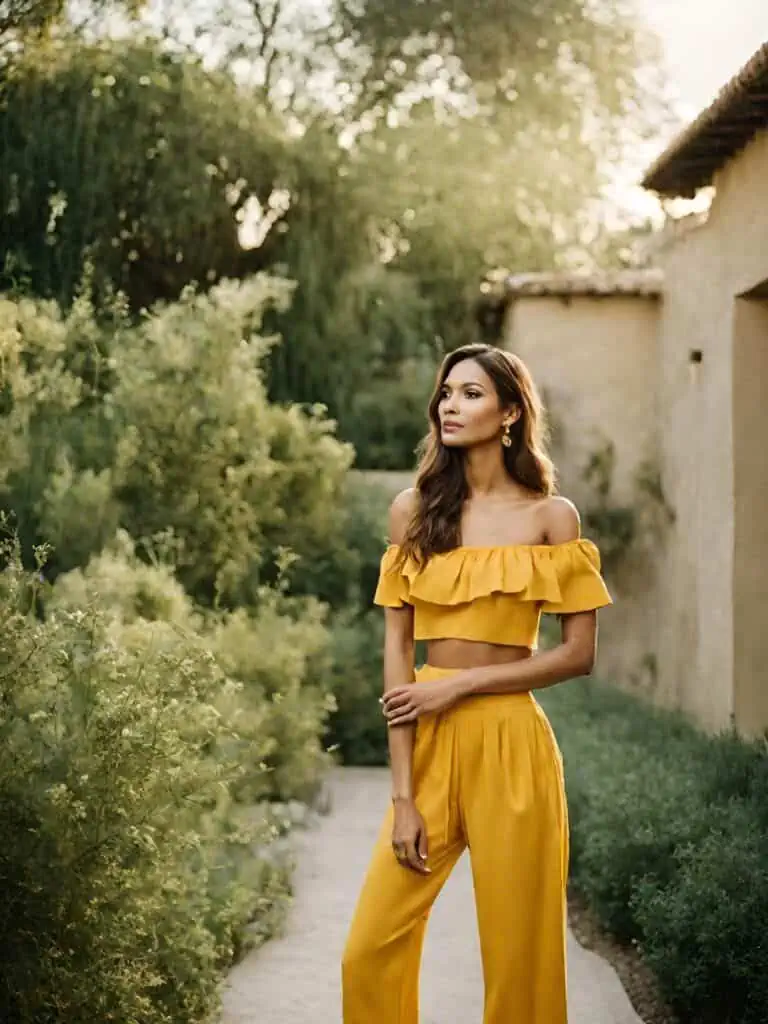 vacation outfit with yellow off the shoulder top and yellow wide leg pants