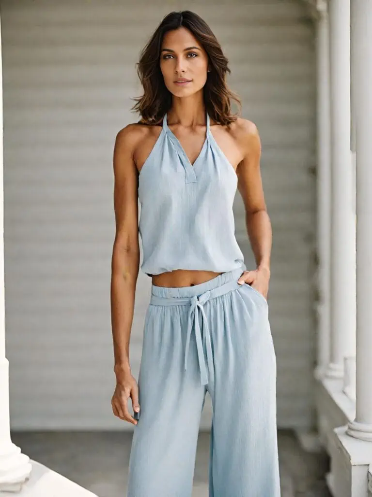 vacation outfits with light blue cami and palazzo pants