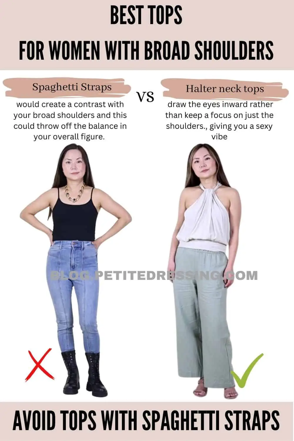 Tips for broad shoulders: avoid off-the-shoulder tops, shoulder pads, and  puffy sleeves. Opt for V-neck or scoop neck tops instead. 👚�