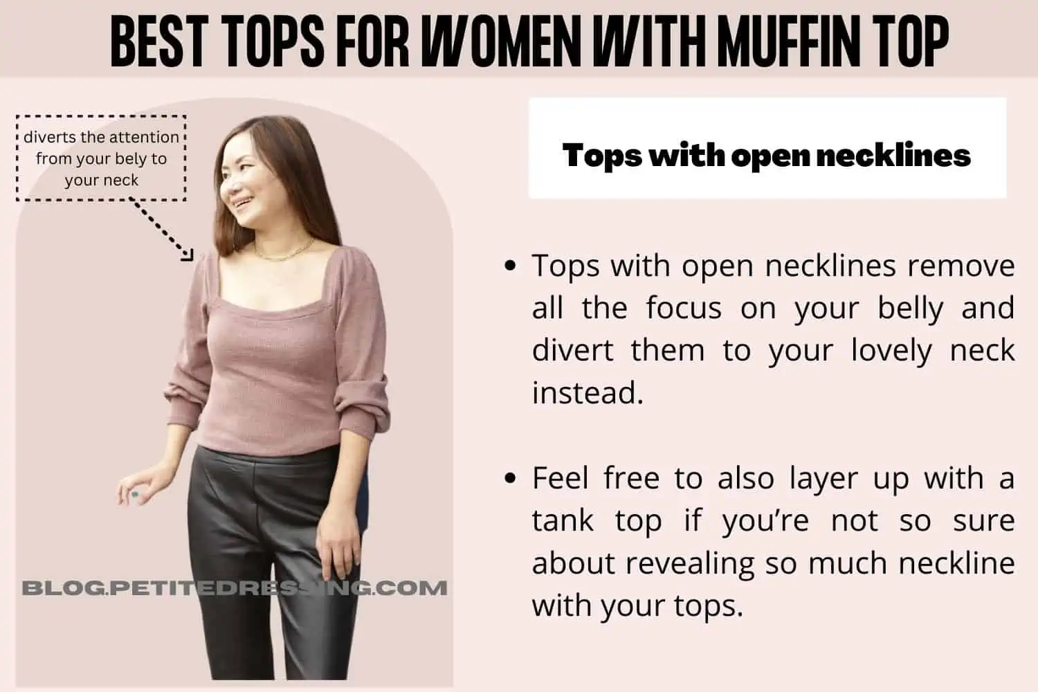 What style tops look good on women with a muffin top - Petite Dressing