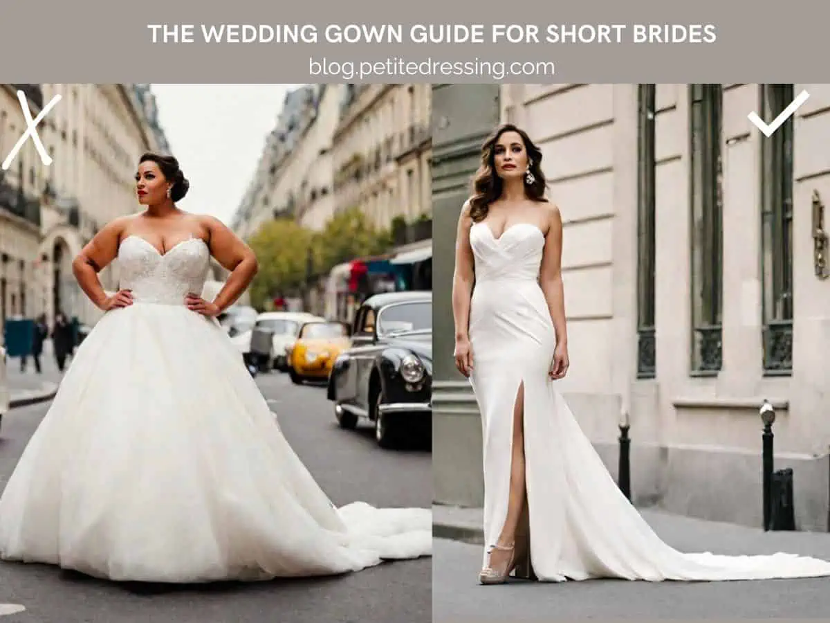 what wedding dress look good on short brides What to avoid