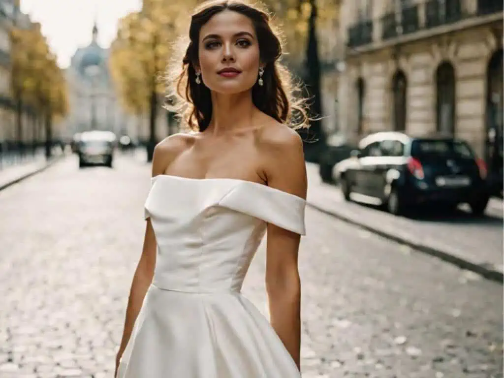 what wedding dress look good on short brides-off the shoulder