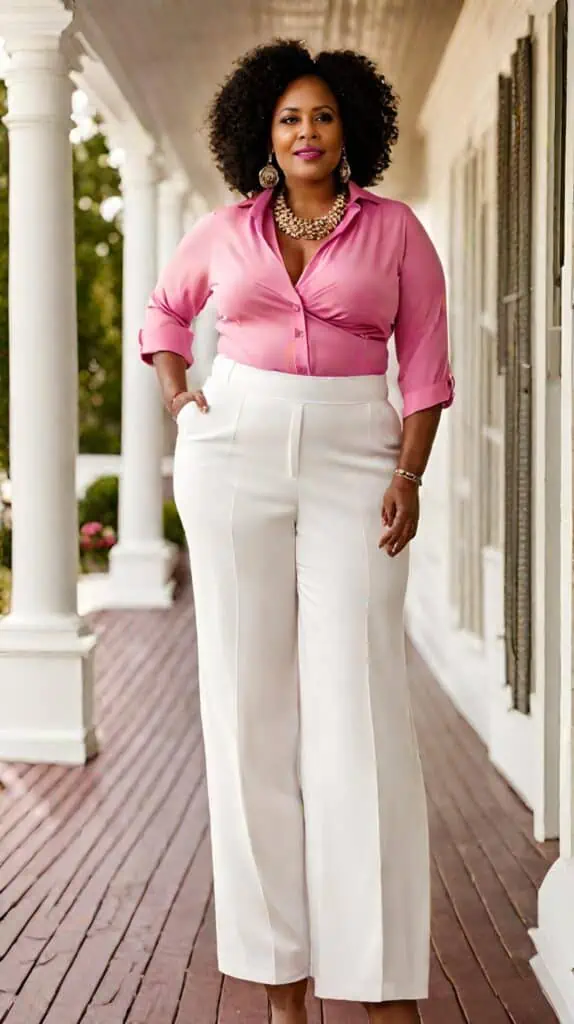 Graduation outfits for mom white wide-leg pants and pink blouse