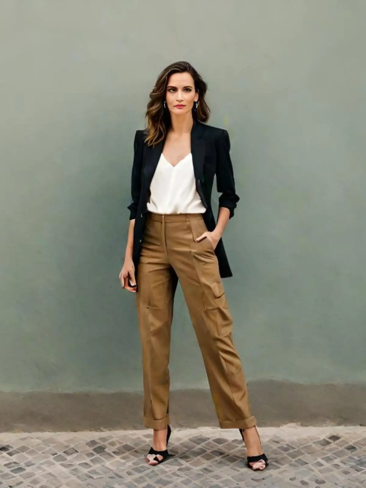 Premium Photo | A woman in a black shirt and brown pants stands in front of  a white background.