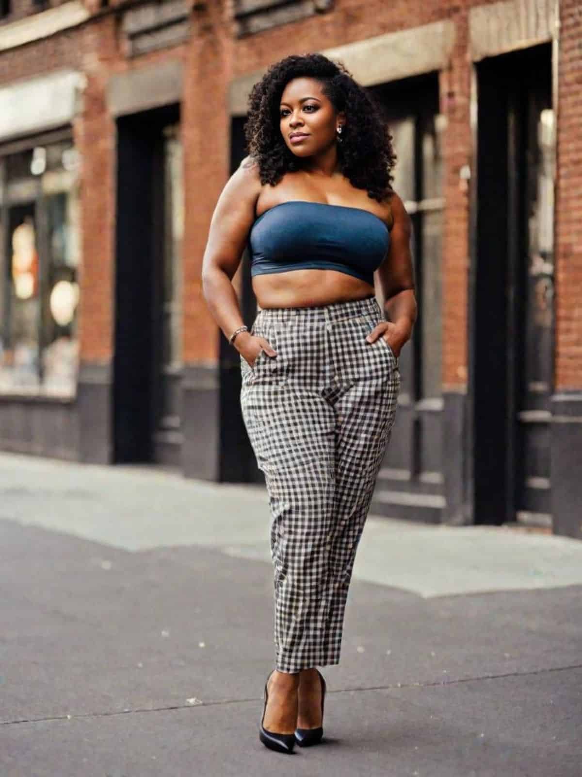 Plaid pants outfits with Bandeau Top