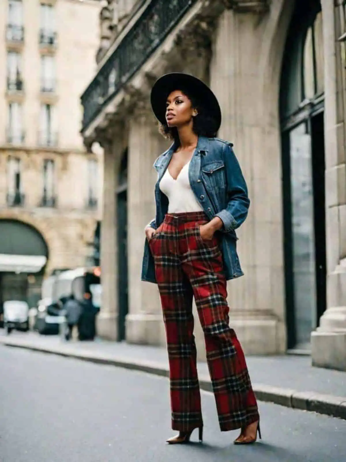 Plaid pants outfits with Denim jacket