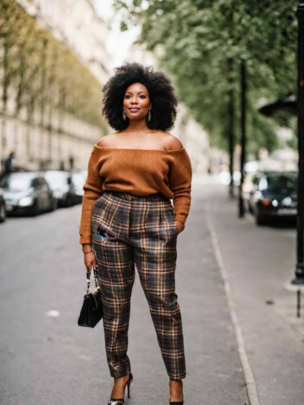 Plaid pants outfits with Off-the-shoulder Top