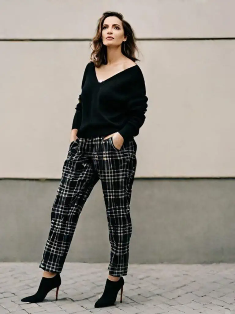 Plaid pants outfits with V Neck Sweater