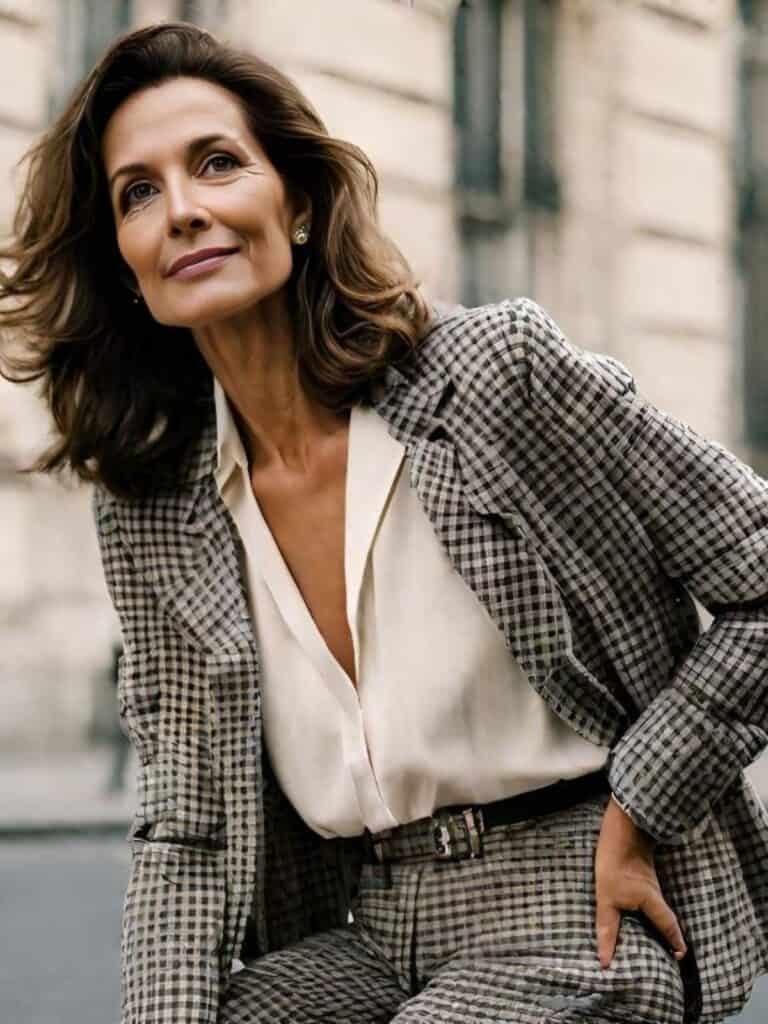 Plaid pants outfits with White Blouse