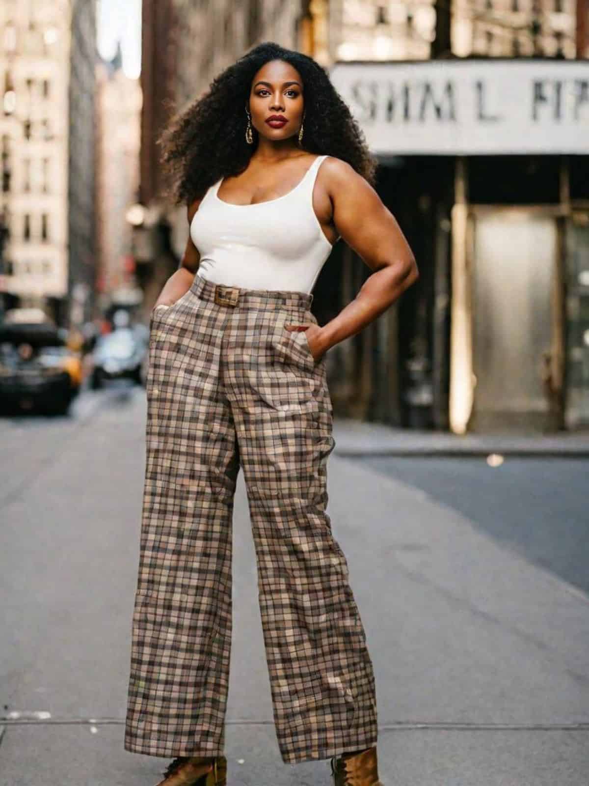 Plaid pants outfits with White Tank Top