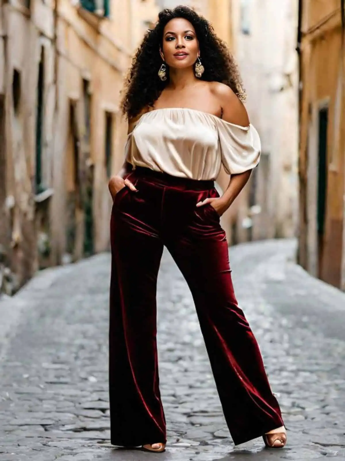 Burgundy Velvet Flare Pants Outfits (2 ideas & outfits)