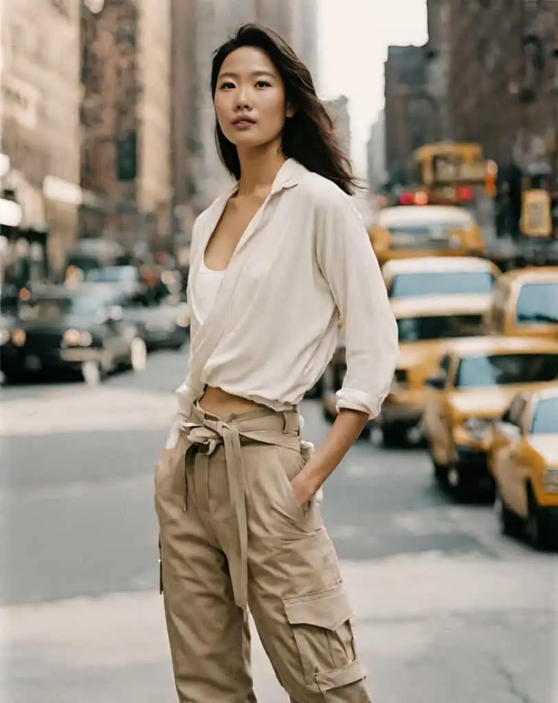 cargo pants outfit with wrap top
