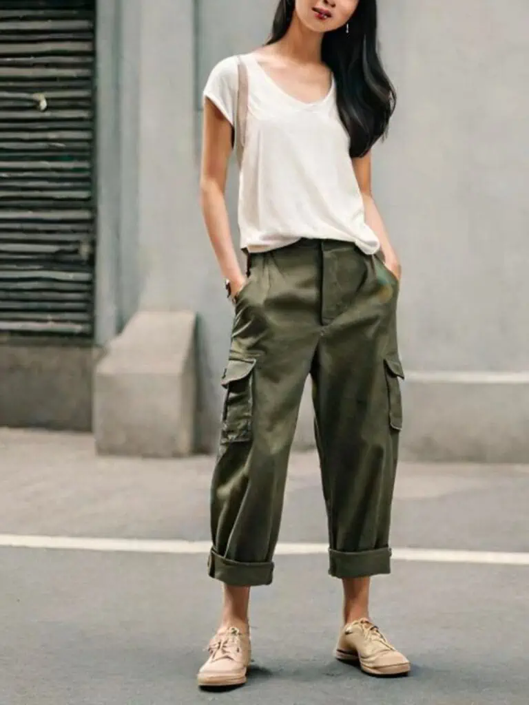 cargo pants outfit with skin color sneakers
